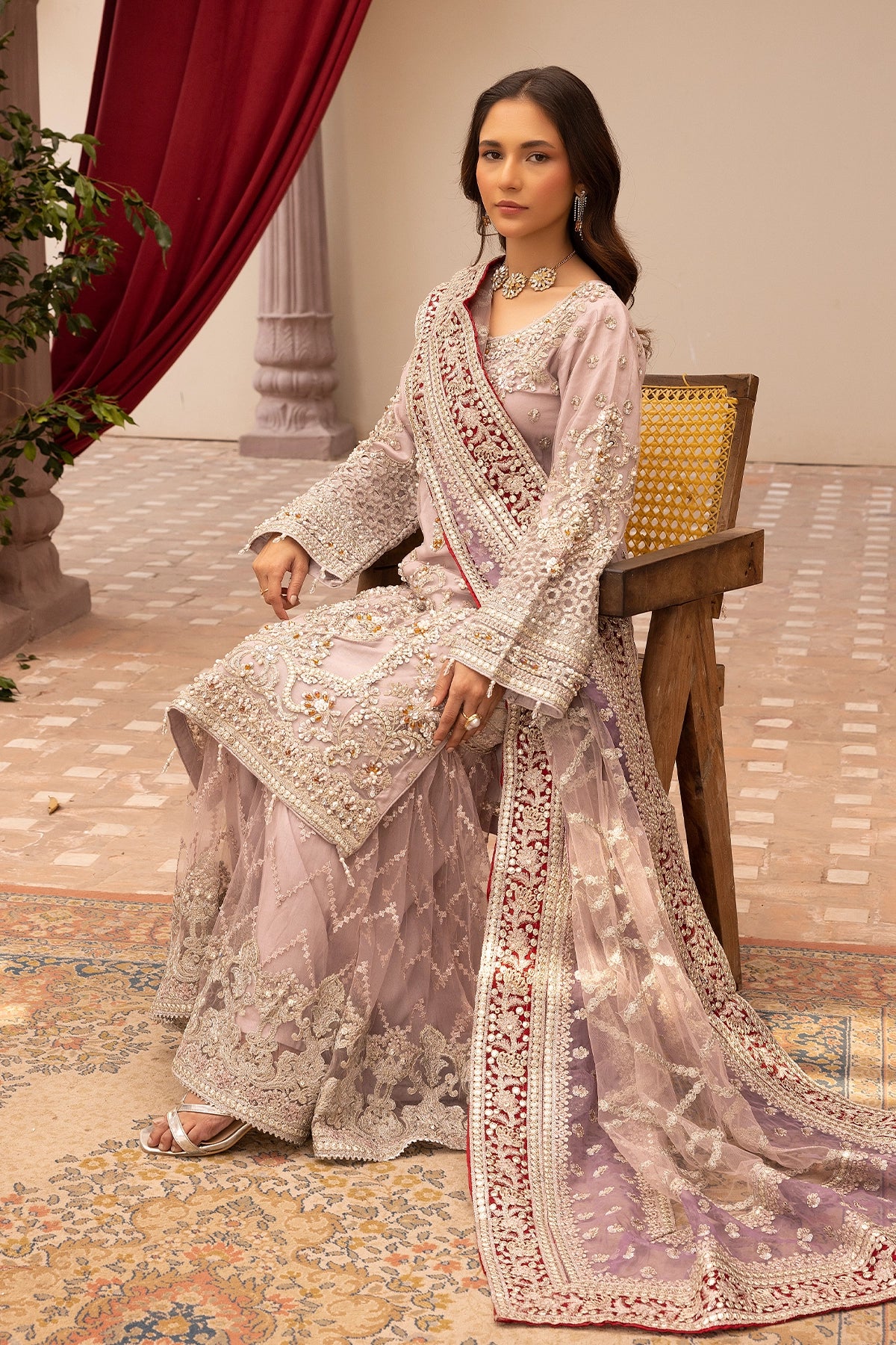 Imrozia Premium Inspired Embroidered Lilac 3 Piece Wedding Gharara Outfit - Desi Posh