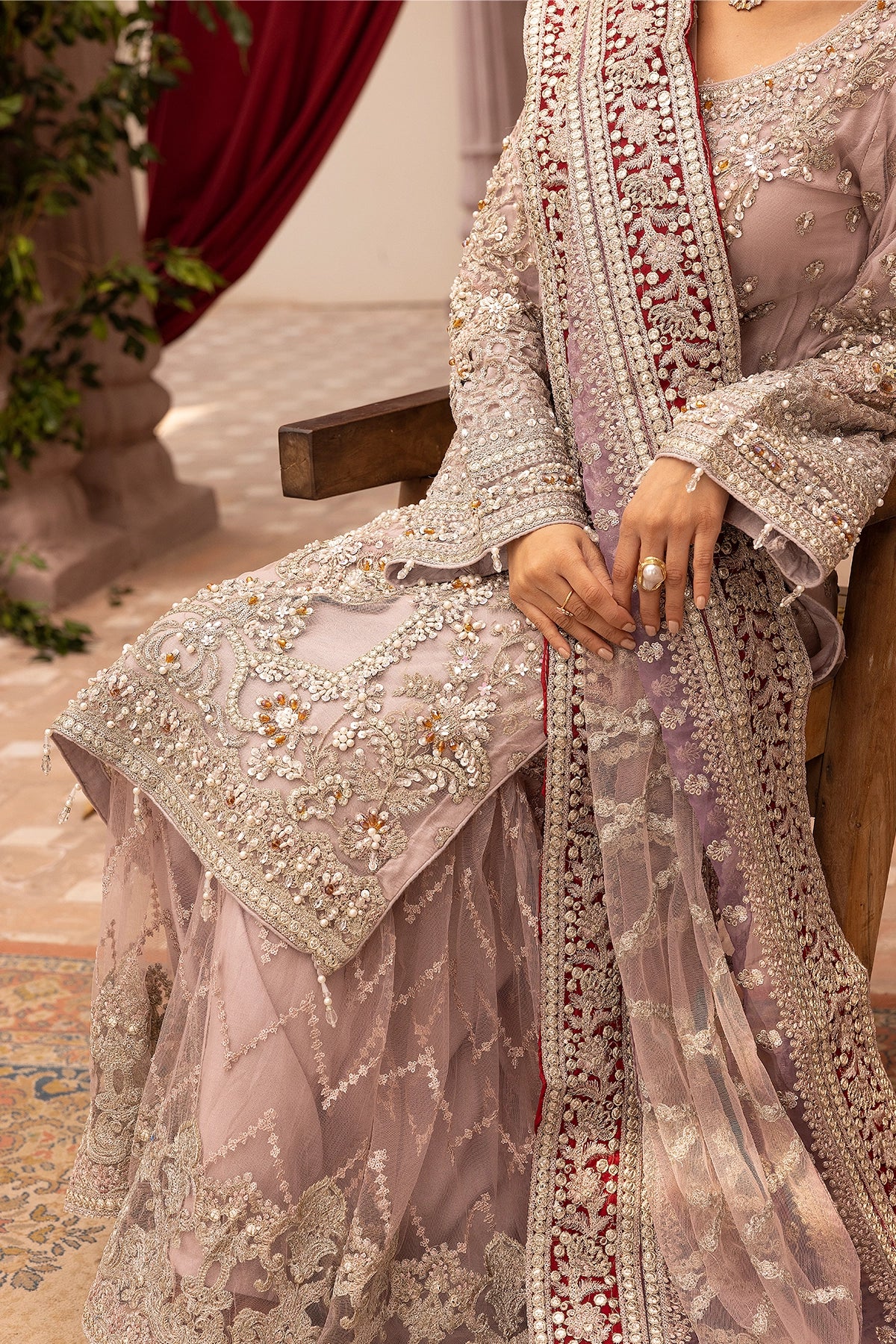Imrozia Premium Inspired Embroidered Lilac 3 Piece Wedding Gharara Outfit - Desi Posh