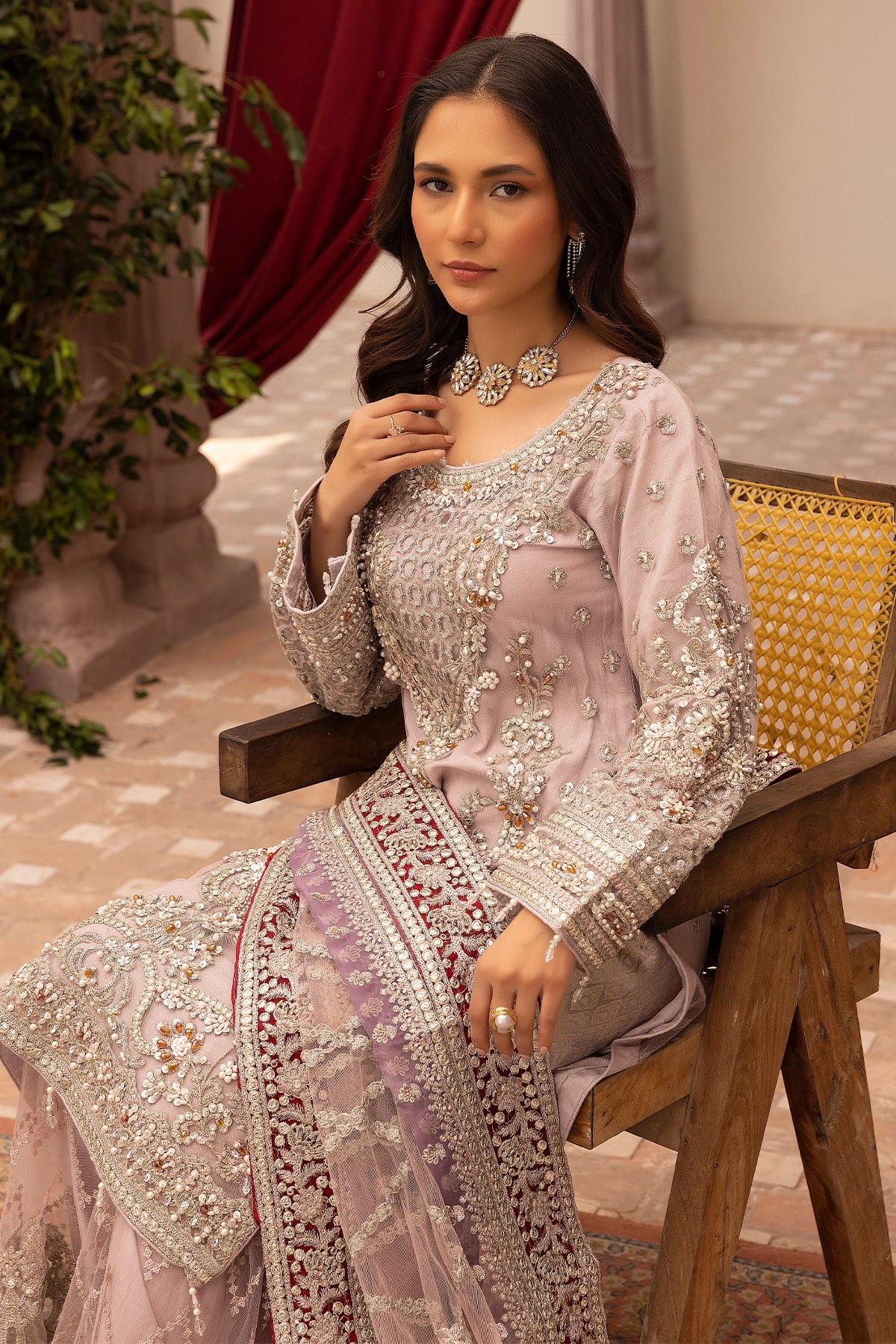 Imrozia Premium Inspired Embroidered Lilac 3 Piece Wedding Gharara Outfit - Desi Posh