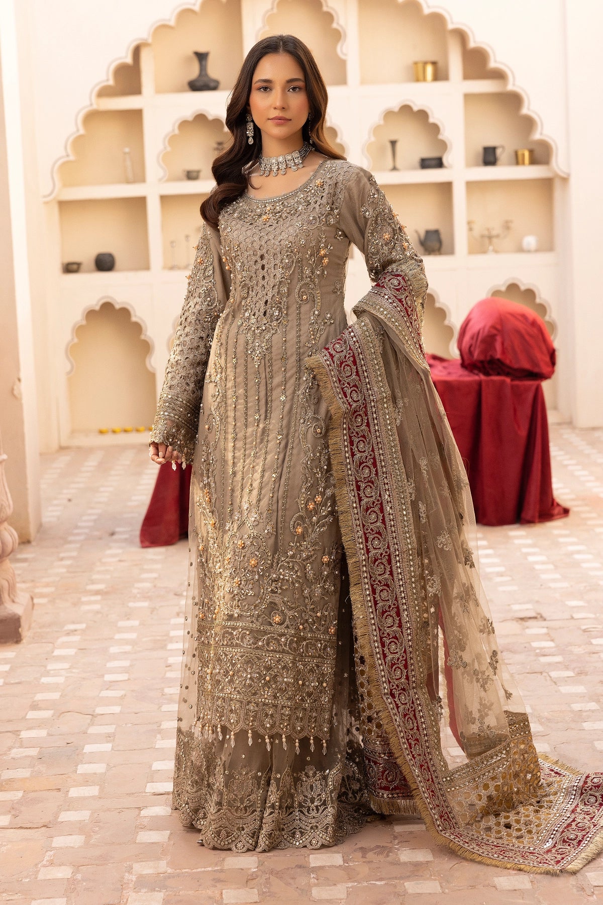 Imrozia Premium Inspired Embroidered Khaki 3 Piece Wedding Sharara Outfit