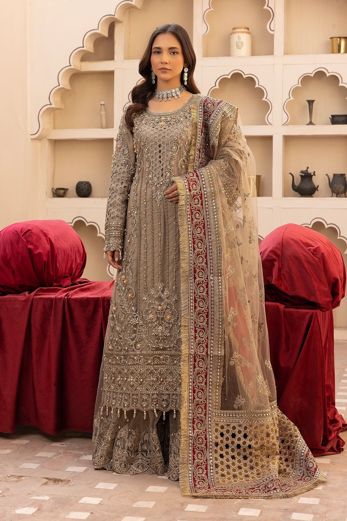 Imrozia Premium Inspired Embroidered Khaki 3 Piece Wedding Sharara Outfit