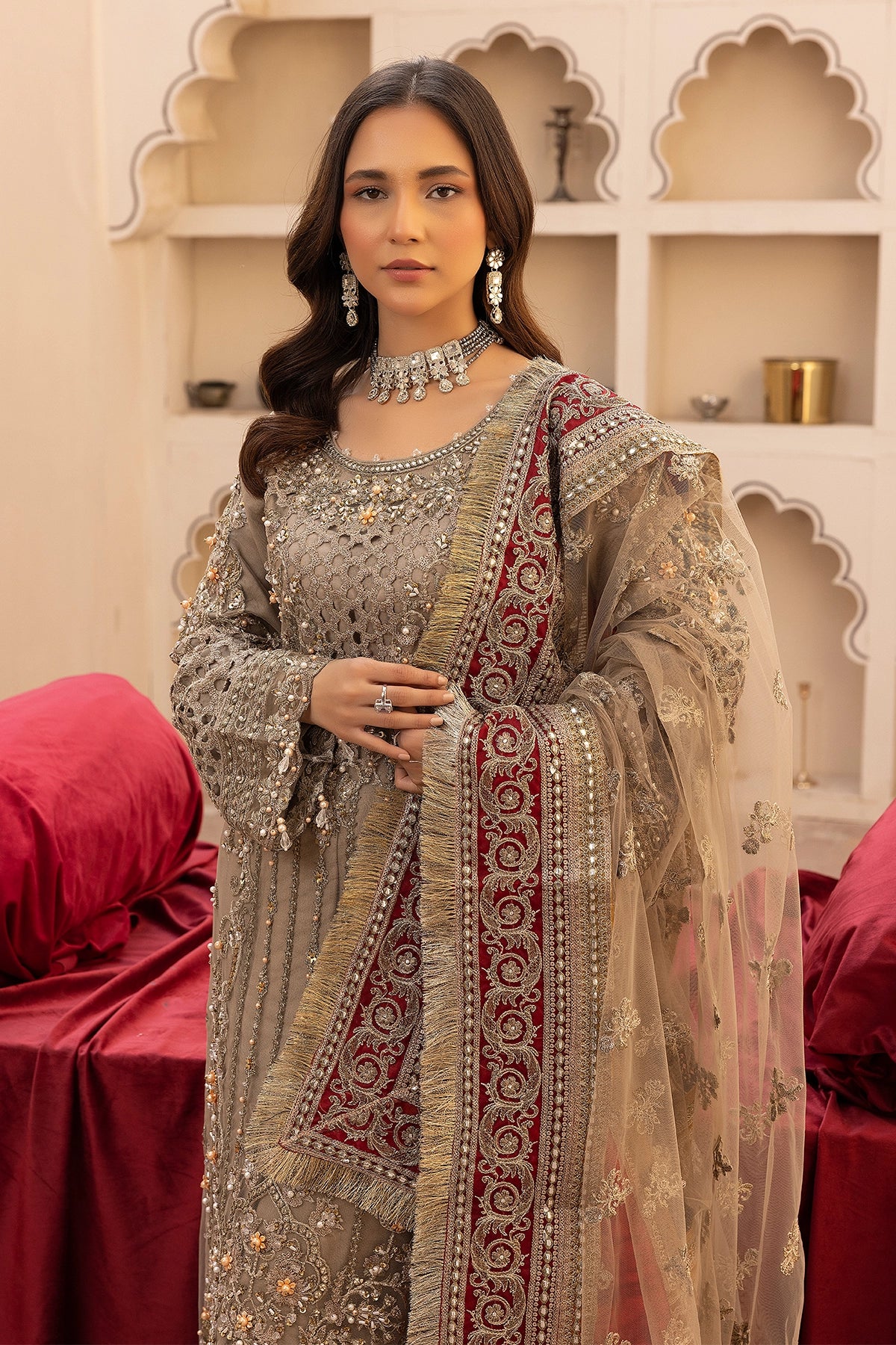 Imrozia Premium Inspired Embroidered Khaki 3 Piece Wedding Sharara Outfit