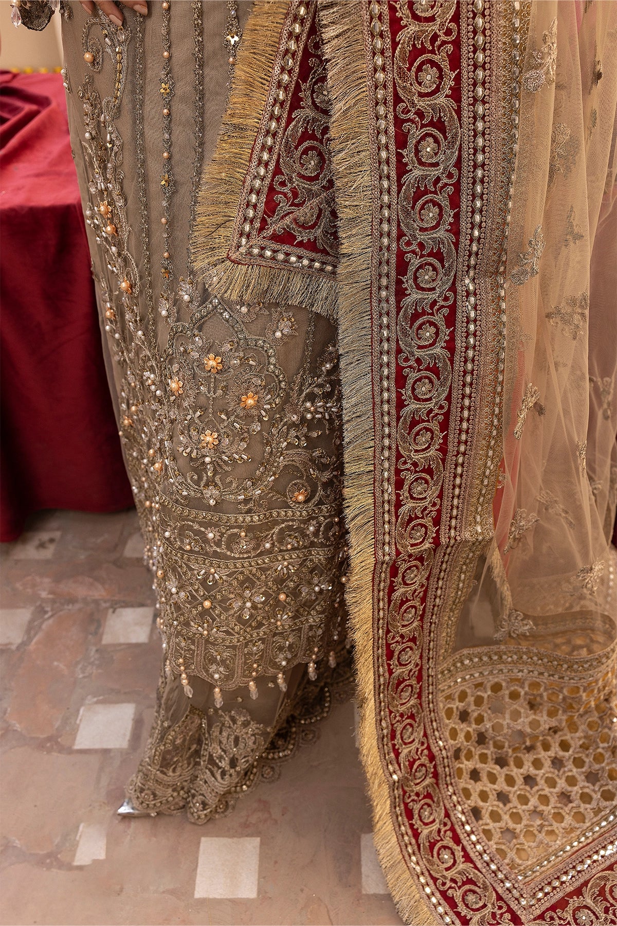 Imrozia Premium Inspired Embroidered Khaki 3 Piece Wedding Sharara Outfit