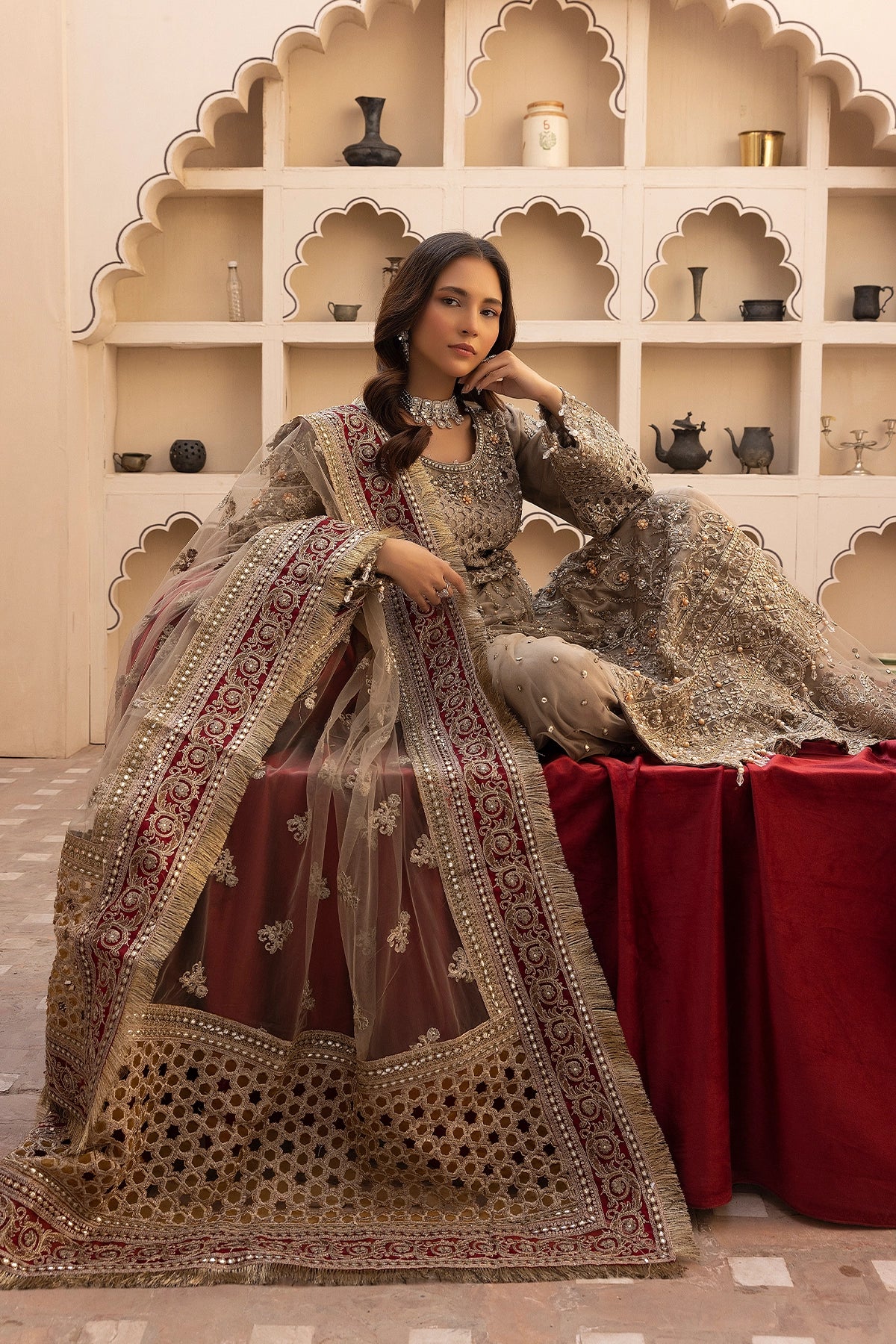 Imrozia Premium Inspired Embroidered Khaki 3 Piece Wedding Sharara Outfit