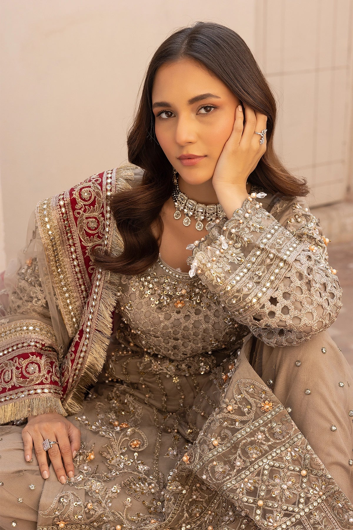 Imrozia Premium Inspired Embroidered Khaki 3 Piece Wedding Sharara Outfit