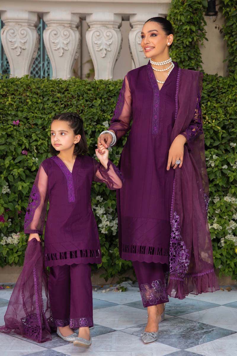 Ivana Luxury Lawn Mummy & Me Girls Purple Outfit PL02K - Desi Posh