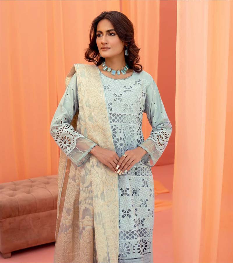 Dania Chikan Kari Luxe 3 Piece Linen Palazzo Outfit Mint Blue - Desi Posh