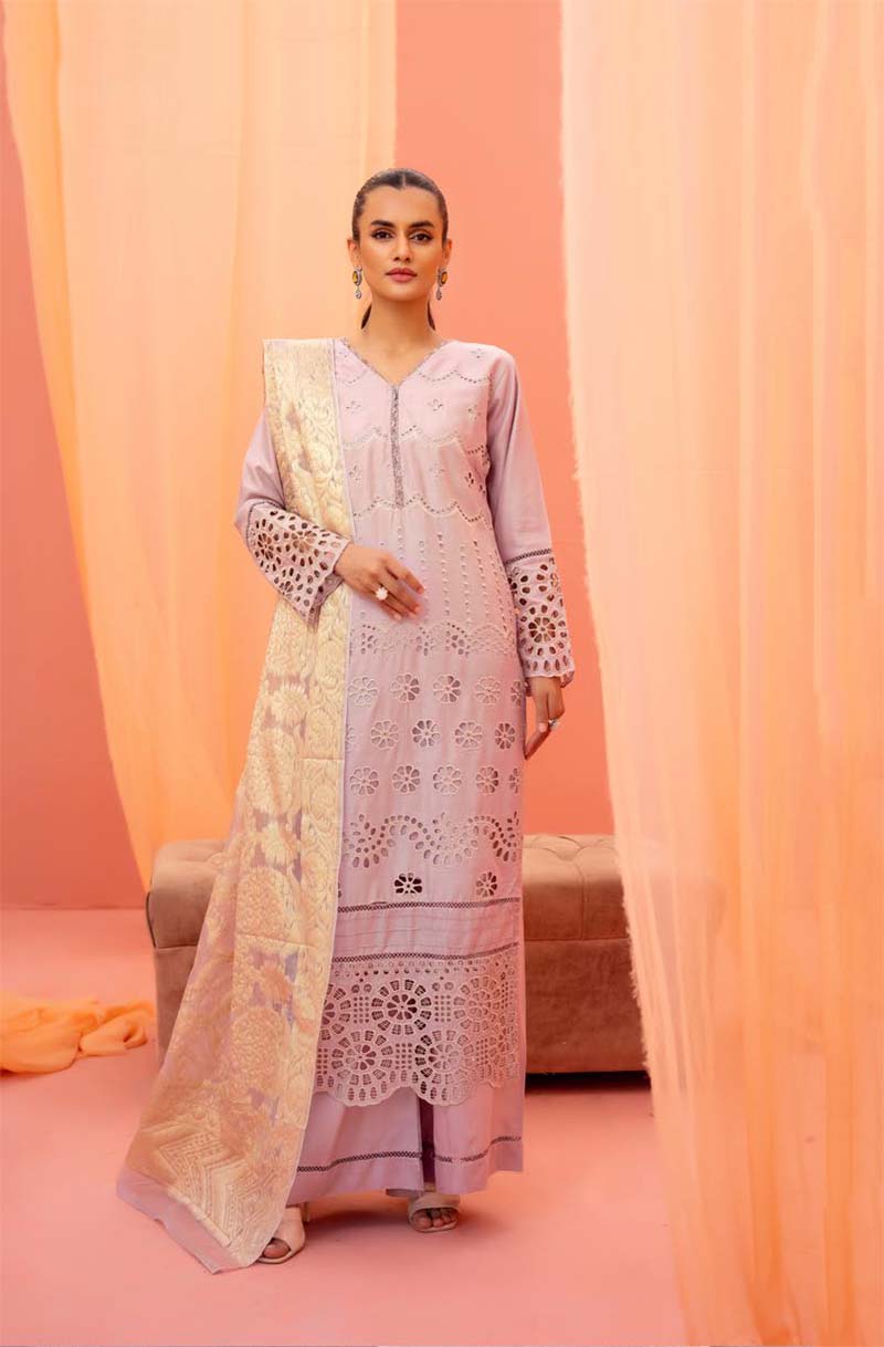 Dania Chikan Kari Luxe 3 Piece Linen Palazzo Outfit Lilac - Desi Posh