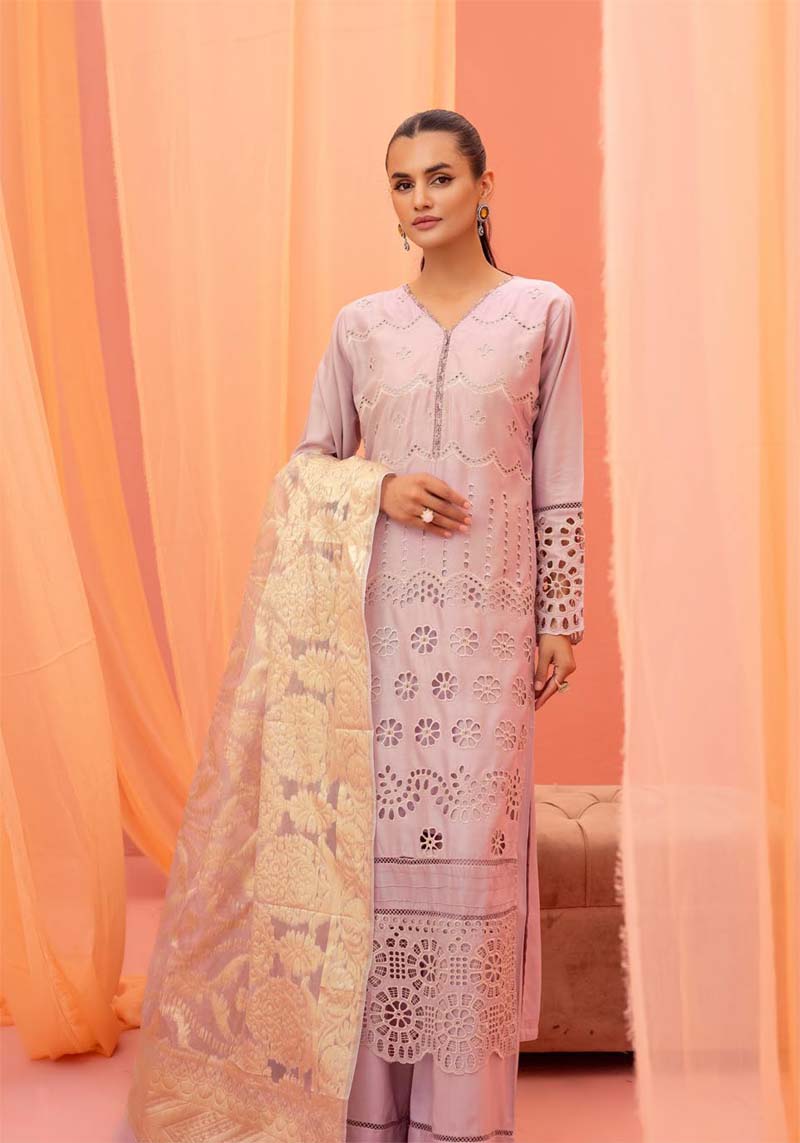 Dania Chikan Kari Luxe 3 Piece Linen Palazzo Outfit Lilac - Desi Posh