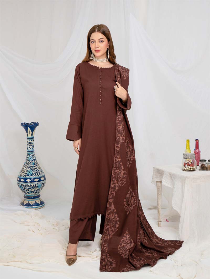 Jaan 3 Piece Dhanak Linen Suit with Embroidered Shawl Brown - Desi Posh