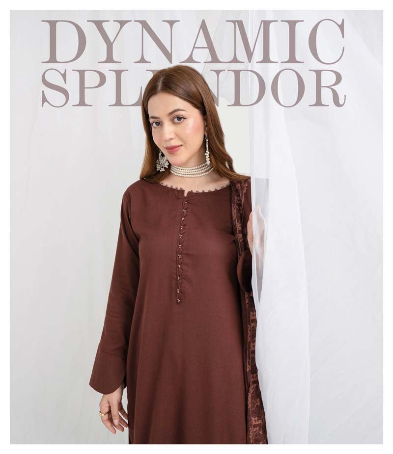 Jaan 3 Piece Dhanak Linen Suit with Embroidered Shawl Brown - Desi Posh