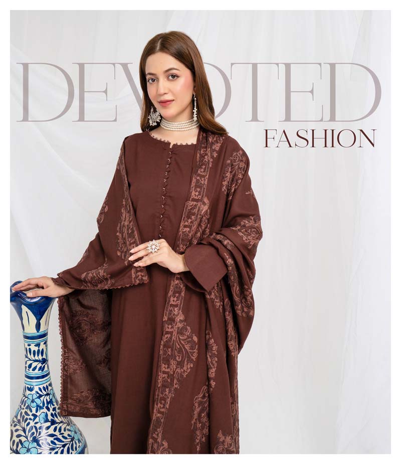 Jaan 3 Piece Dhanak Linen Suit with Embroidered Shawl Brown - Desi Posh