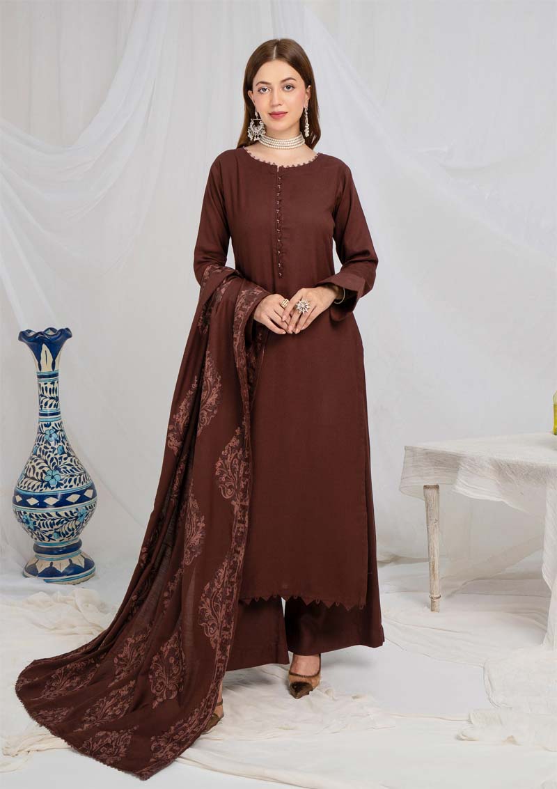Jaan 3 Piece Dhanak Linen Suit with Embroidered Shawl Brown - Desi Posh