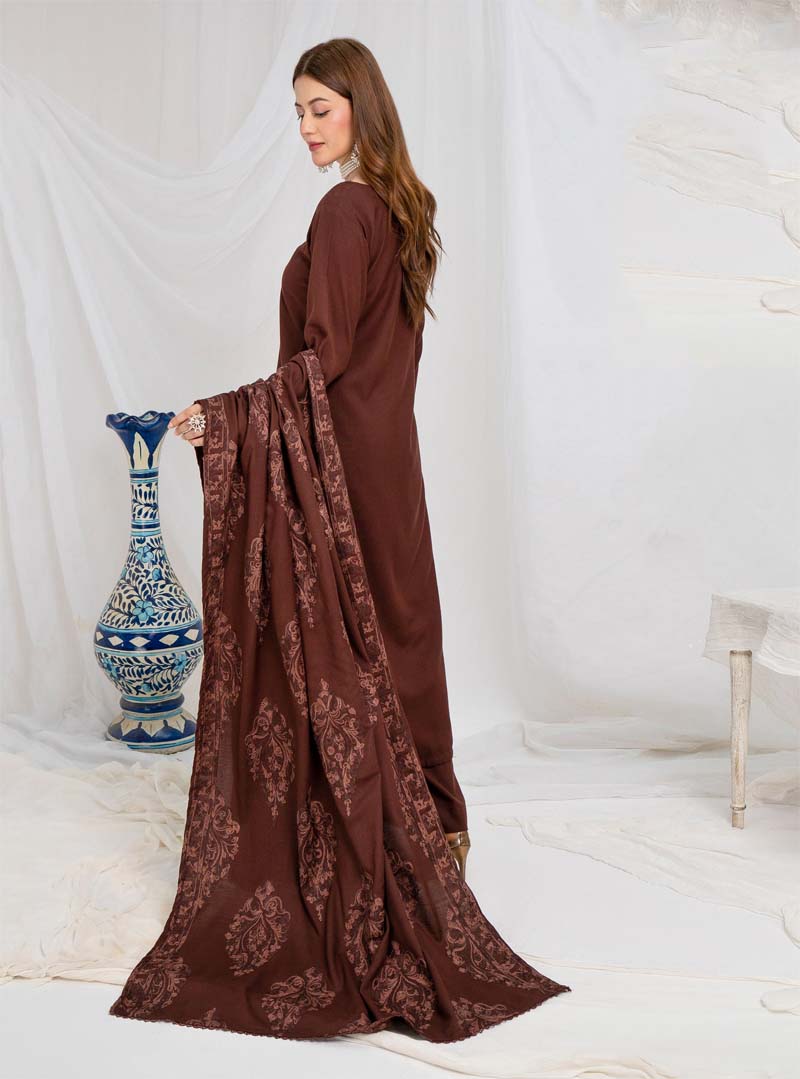 Jaan 3 Piece Dhanak Linen Suit with Embroidered Shawl Brown - Desi Posh