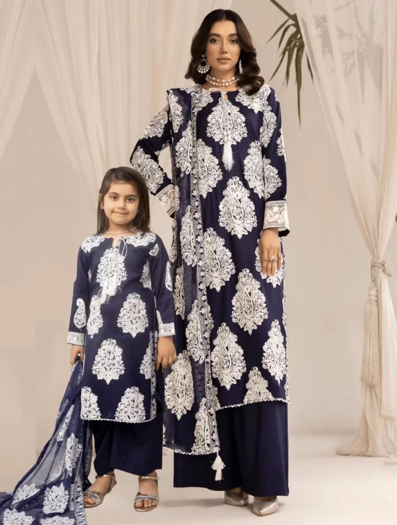 Jannat Navy Mummy & Me Girls 3 Piece Suit With Chiffon Dupatta - Desi Posh