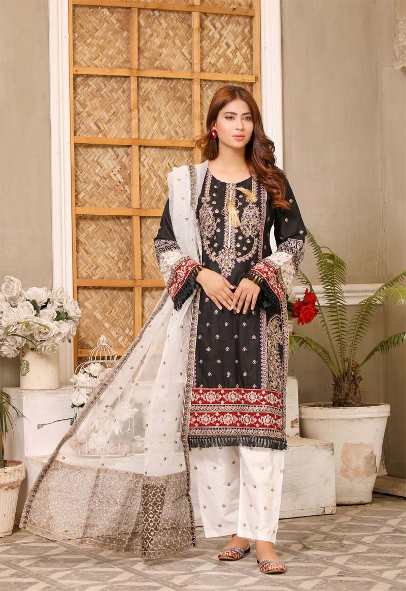 Karma inspired Ladies Embroidered Lawn suit Black and White - Desi Posh