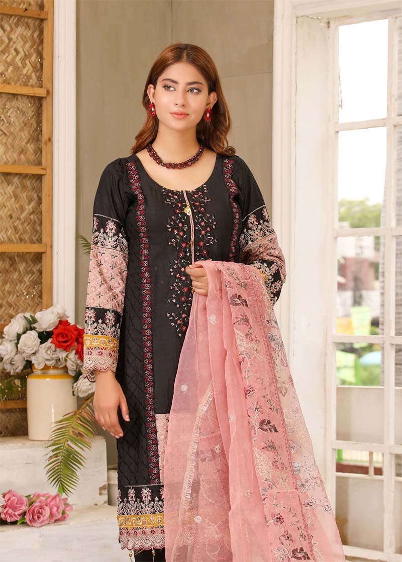 Karma inspired Ladies Embroidered Lawn suit Black and Pink - Desi Posh