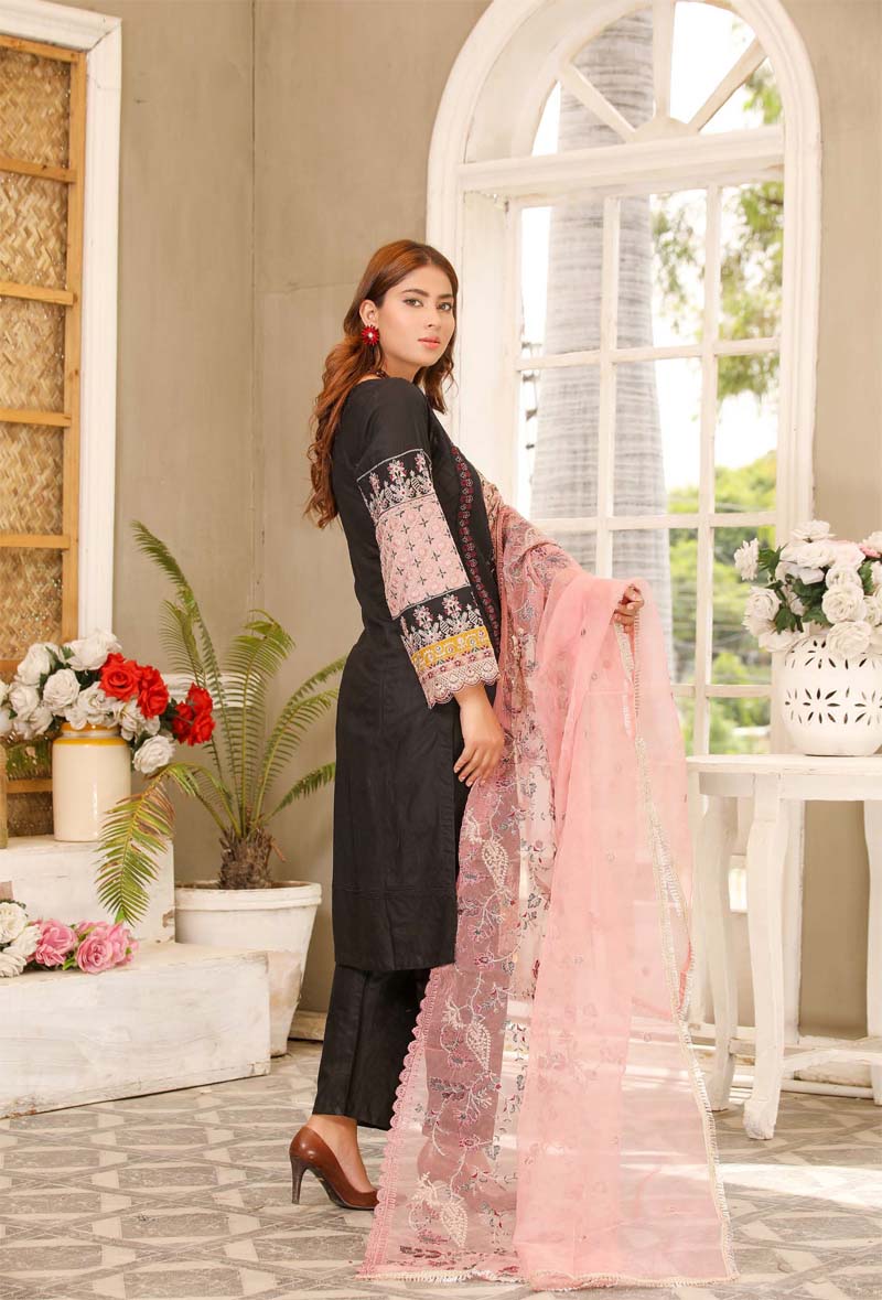 Karma inspired Ladies Embroidered Lawn suit Black and Pink - Desi Posh
