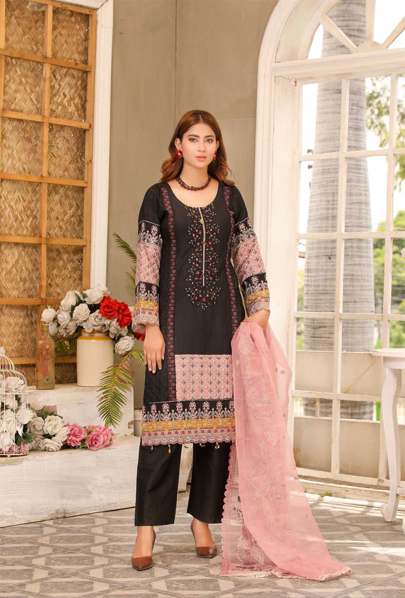 Karma inspired Ladies Embroidered Lawn suit Black and Pink - Desi Posh