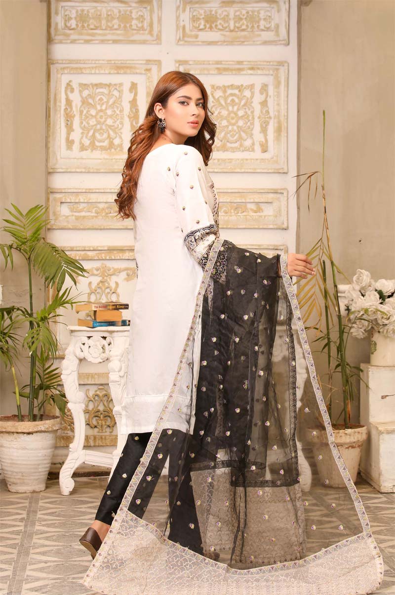 Karma inspired Ladies Embroidered Lawn suit White and Black - Desi Posh