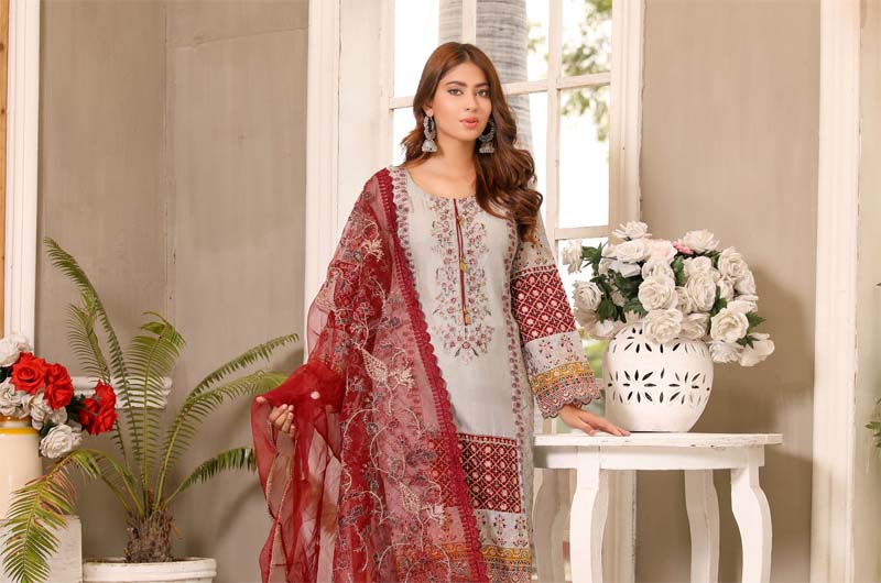 Karma inspired Ladies Embroidered Lawn suit Grey and Maroon - Desi Posh