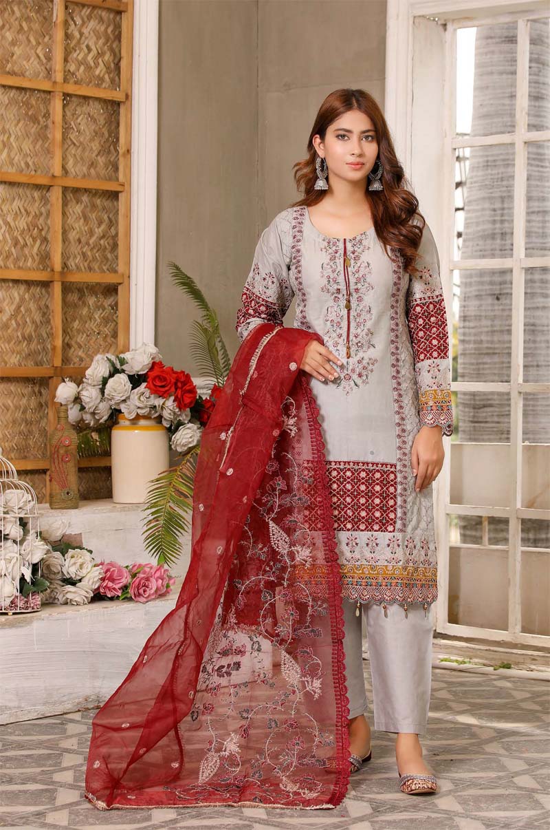 Karma inspired Ladies Embroidered Lawn suit Grey and Maroon - Desi Posh