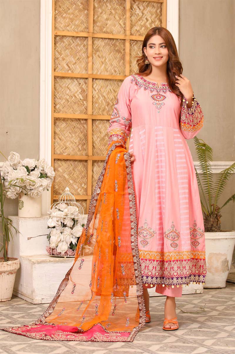 Karma inspired Ladies Embroidered Long Lawn suit Pink - Desi Posh