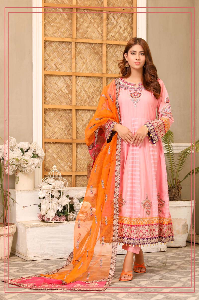 Karma inspired Ladies Embroidered Long Lawn suit Pink - Desi Posh