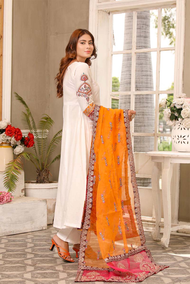 Karma inspired Ladies Embroidered Long Lawn suit White - Desi Posh