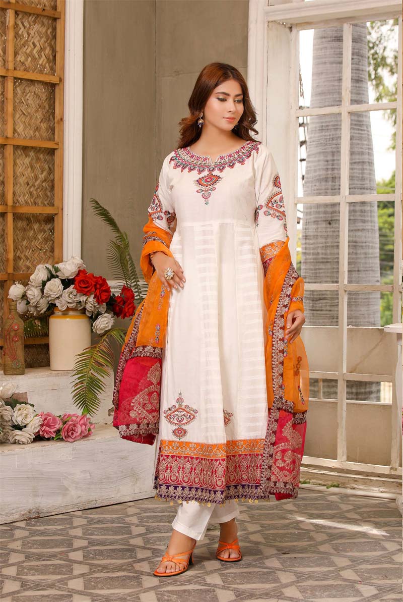 Karma inspired Ladies Embroidered Long Lawn suit White - Desi Posh