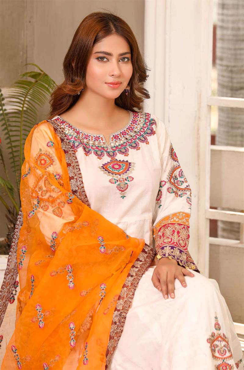 Karma inspired Ladies Embroidered Long Lawn suit White - Desi Posh
