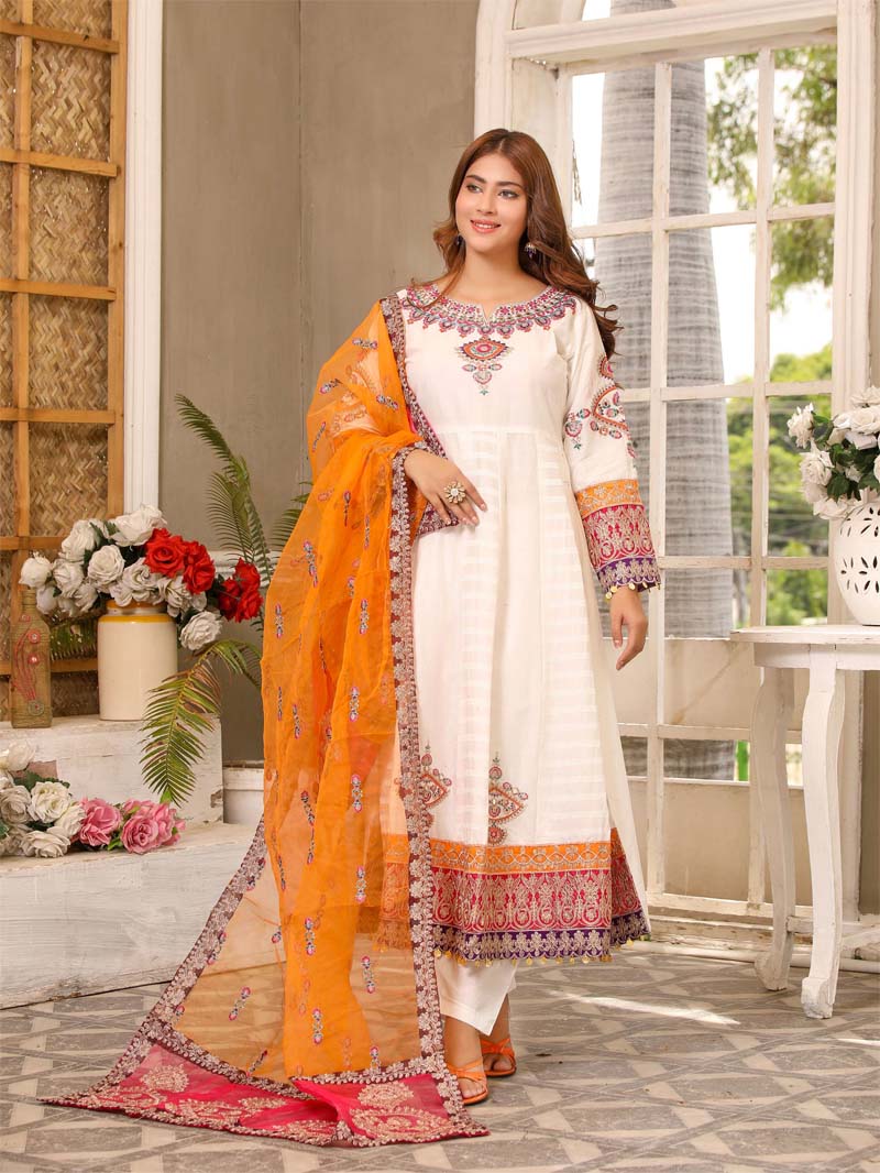 Karma inspired Ladies Embroidered Long Lawn suit White - Desi Posh