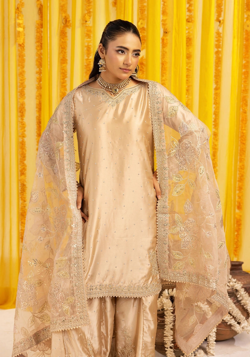 Hussain Rehar Inspired Raw Silk 3 Piece Metallic Gold Sharara Outfit