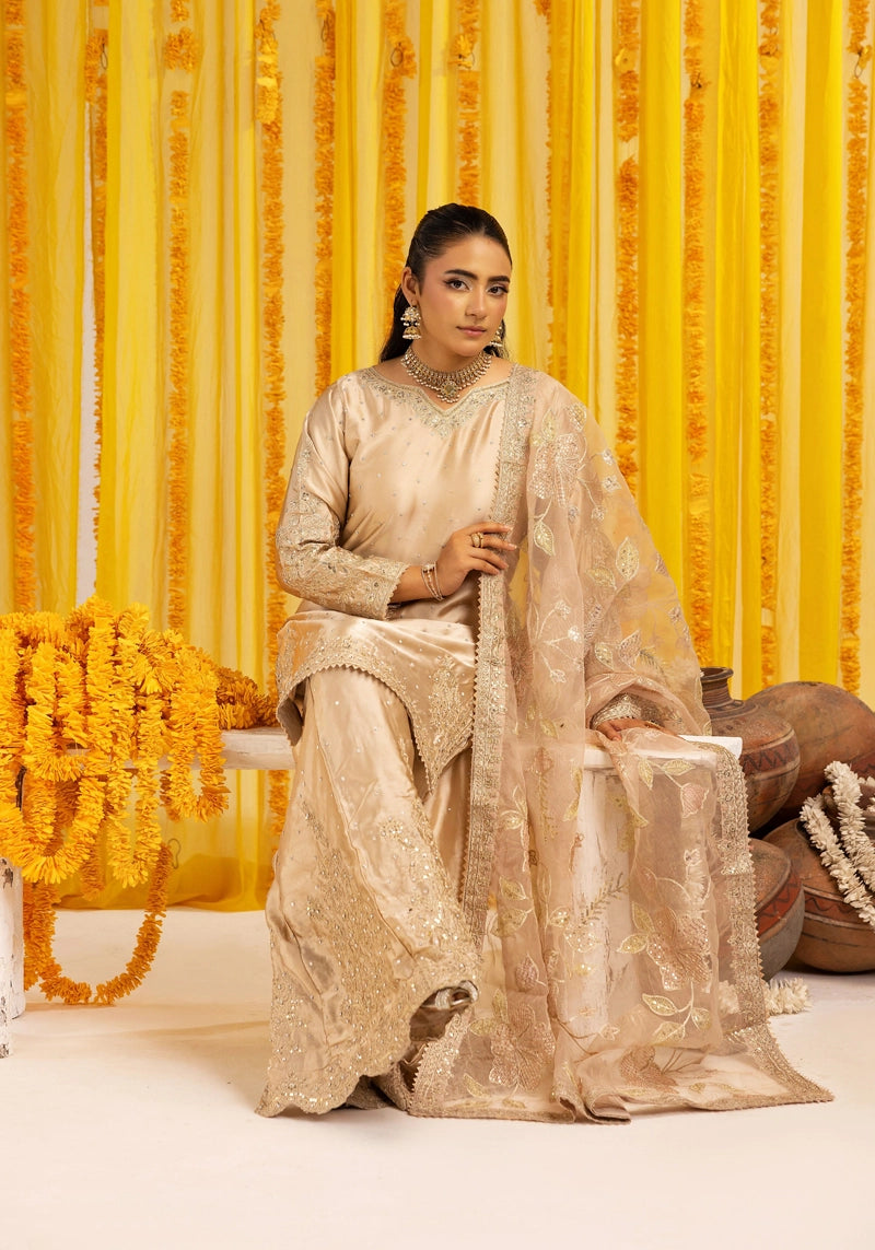 Hussain Rehar Inspired Raw Silk 3 Piece Metallic Gold Sharara Outfit