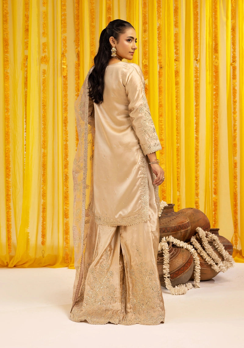 Hussain Rehar Inspired Raw Silk 3 Piece Metallic Gold Sharara Outfit