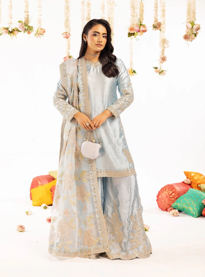 Hussain Rehar Inspired Raw Silk 3 Piece Blue Sharara Outfit