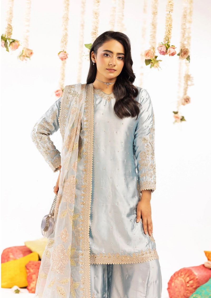 Hussain Rehar Inspired Raw Silk 3 Piece Blue Sharara Outfit
