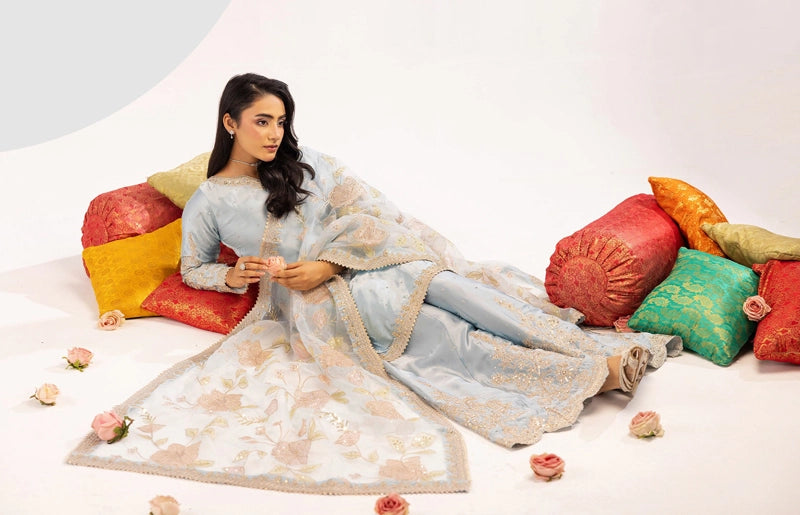 Hussain Rehar Inspired Raw Silk 3 Piece Blue Sharara Outfit