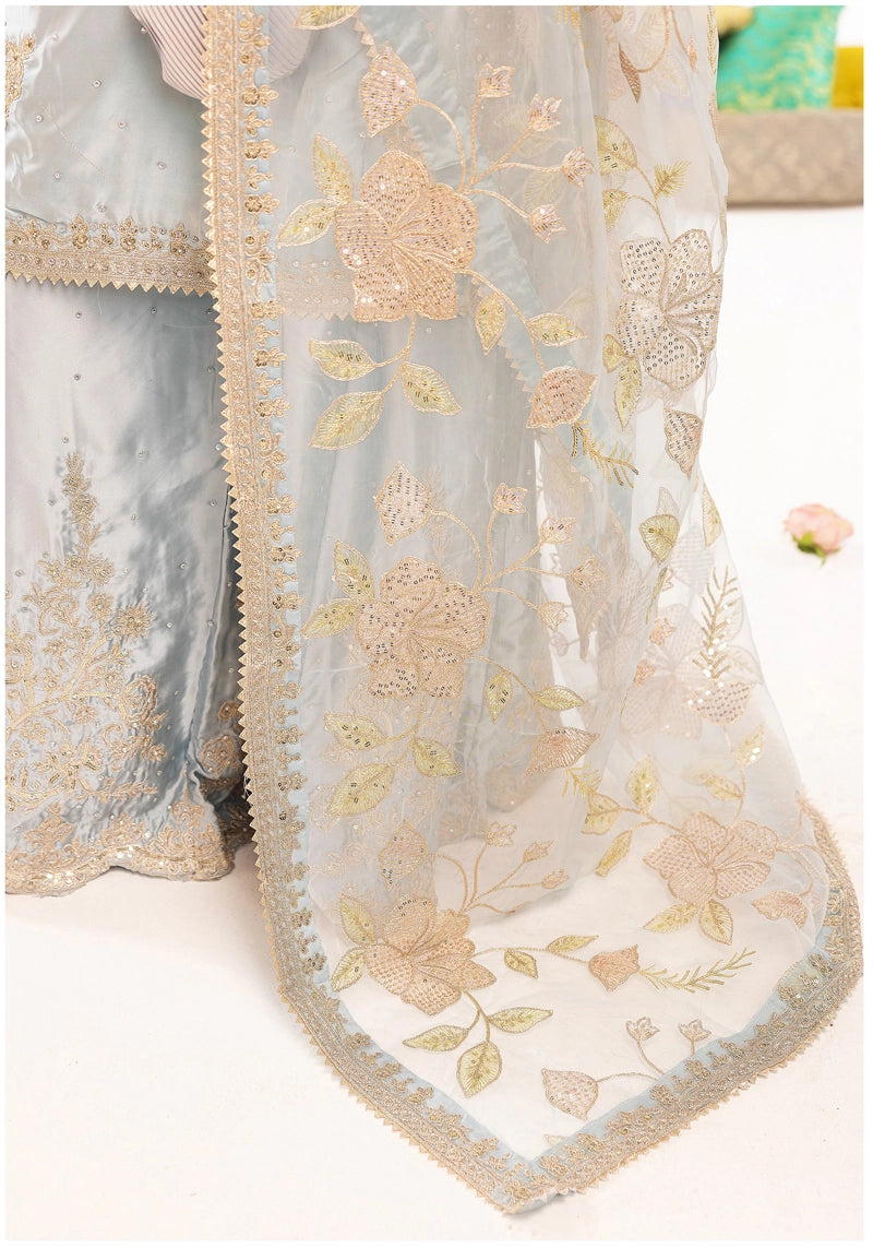 Hussain Rehar Inspired Raw Silk 3 Piece Blue Sharara Outfit
