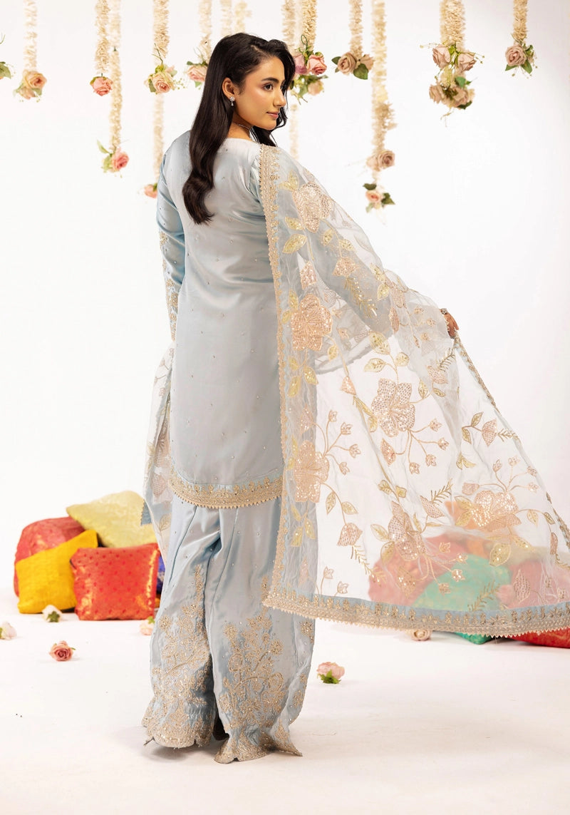 Hussain Rehar Inspired Raw Silk 3 Piece Blue Sharara Outfit