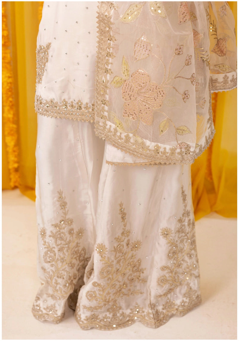Hussain Rehar Inspired Raw Silk 3 Piece White Sharara Outfit