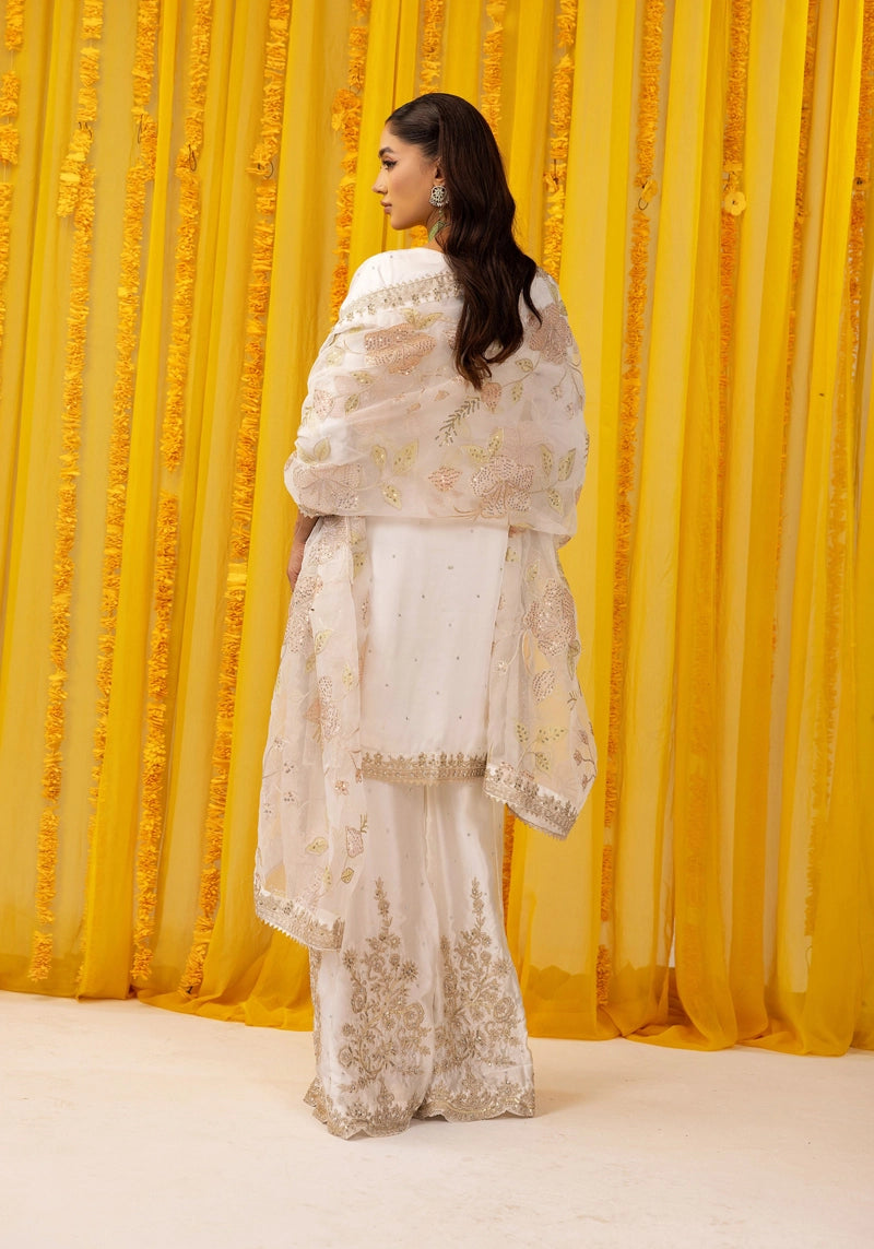 Hussain Rehar Inspired Raw Silk 3 Piece White Sharara Outfit