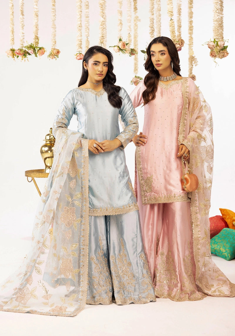 Hussain Rehar Inspired Raw Silk 3 Piece Blue Sharara Outfit