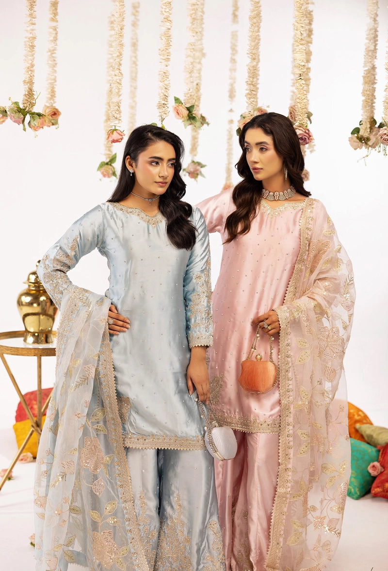 Hussain Rehar Inspired Raw Silk 3 Piece Blue Sharara Outfit