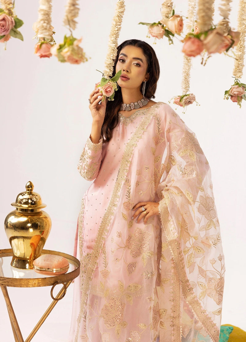 Hussain Rehar Inspired Raw Silk 3 Piece Pink Sharara Outfit