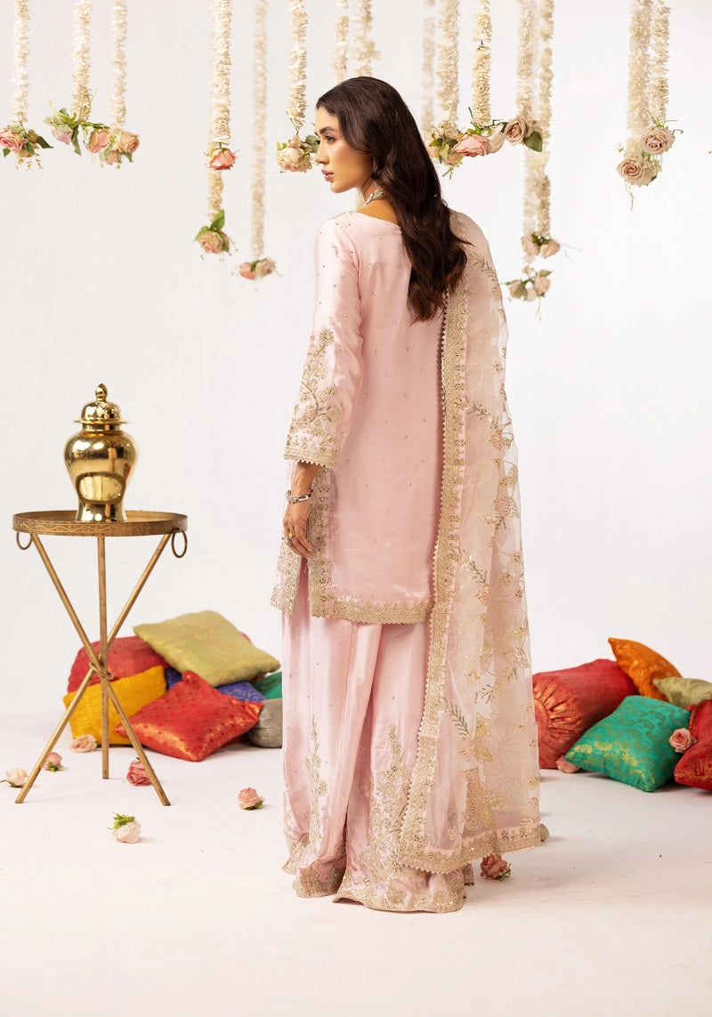 Hussain Rehar Inspired Raw Silk 3 Piece Pink Sharara Outfit