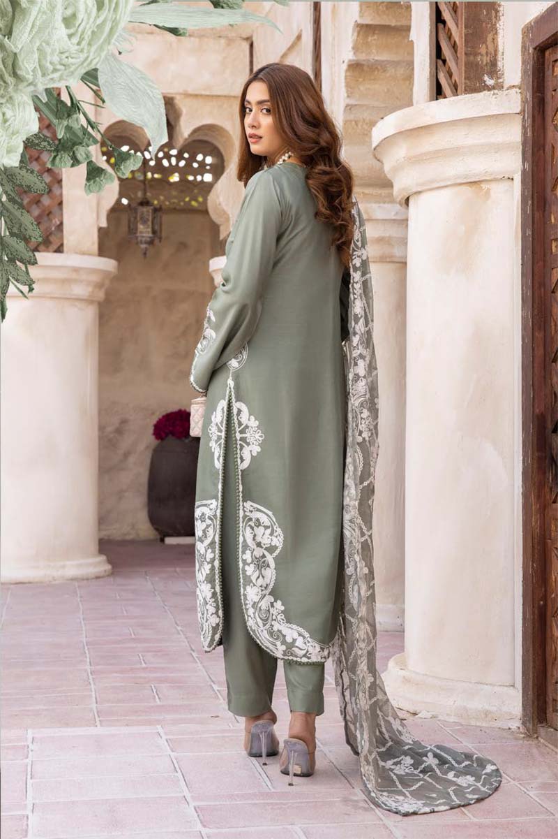 Khoobsurat Green Mummy & Kids 3 Piece Suit With Embroidered Dupatta - Desi Posh