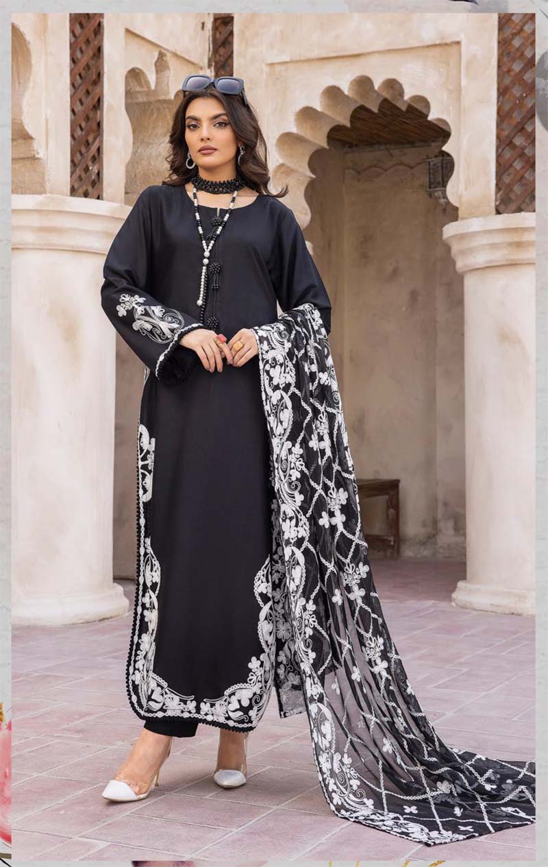 Khoobsurat Black Mummy & Kids 3 Piece Suit With Embroidered Dupatta - Desi Posh