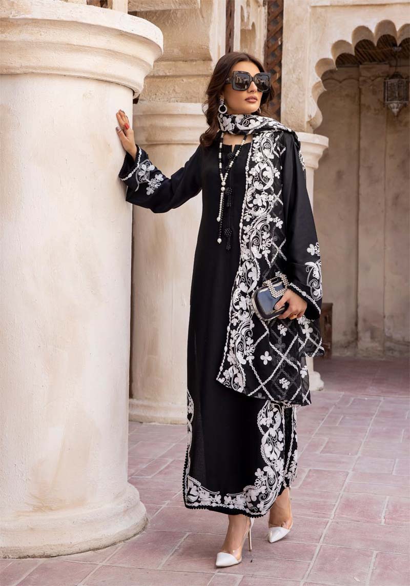 Khoobsurat Black Mummy & Kids 3 Piece Suit With Embroidered Dupatta - Desi Posh