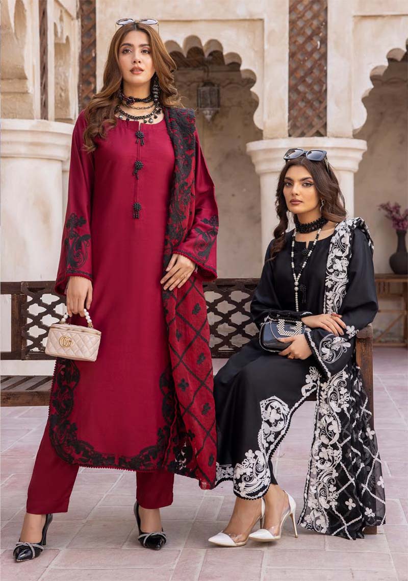 Khoobsurat Maroon Mummy & Kids 3 Piece Suit With Embroidered Dupatta - Desi Posh